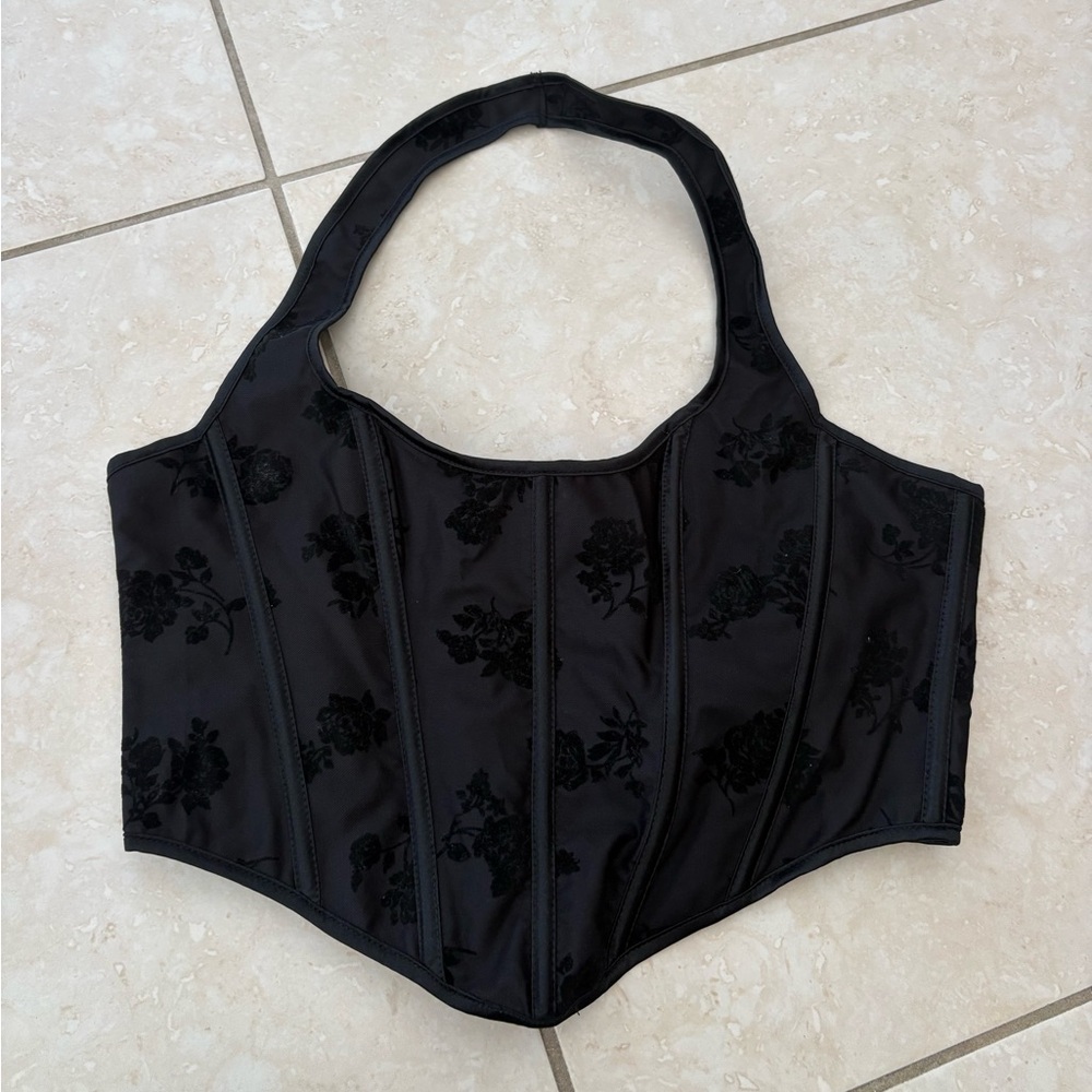 Black Floral Velvet-Print Corset Halter Top